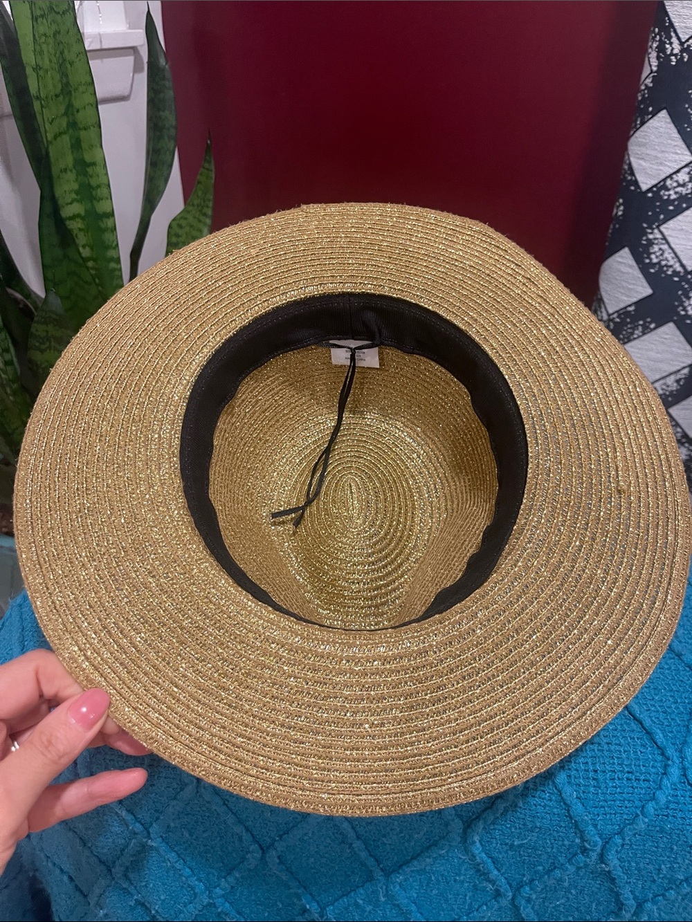 Straw Wide-Brim Fedora Hat with Black Band - Tan - Picture 6 of 9